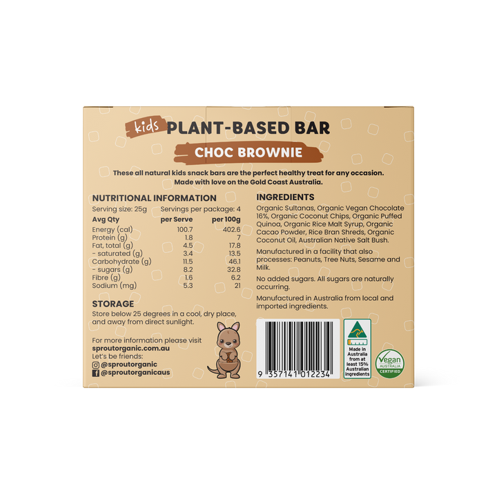 Sprout Organic Kids Plant-Based Bar Choc Brownie - Back Box Nutrition and Ingredients