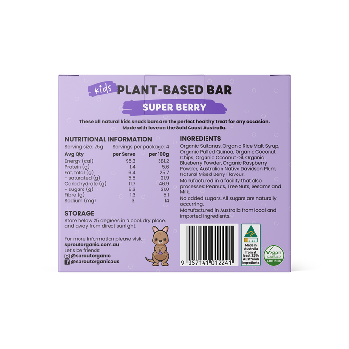 Sprout Organic Kids Plant-Based Bar Super Berry - Back Box Nutrition and Ingredients